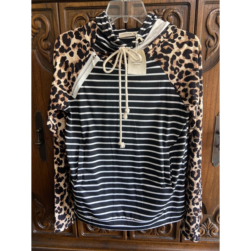 Andthewhy Los Angeles Womens Striped Leopard Print Hoodie Small Double Hood NWT